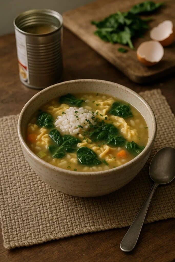A colorful bowl of soup with spinach and rice, showcasing a fresh take on canned soup for a delightful meal.