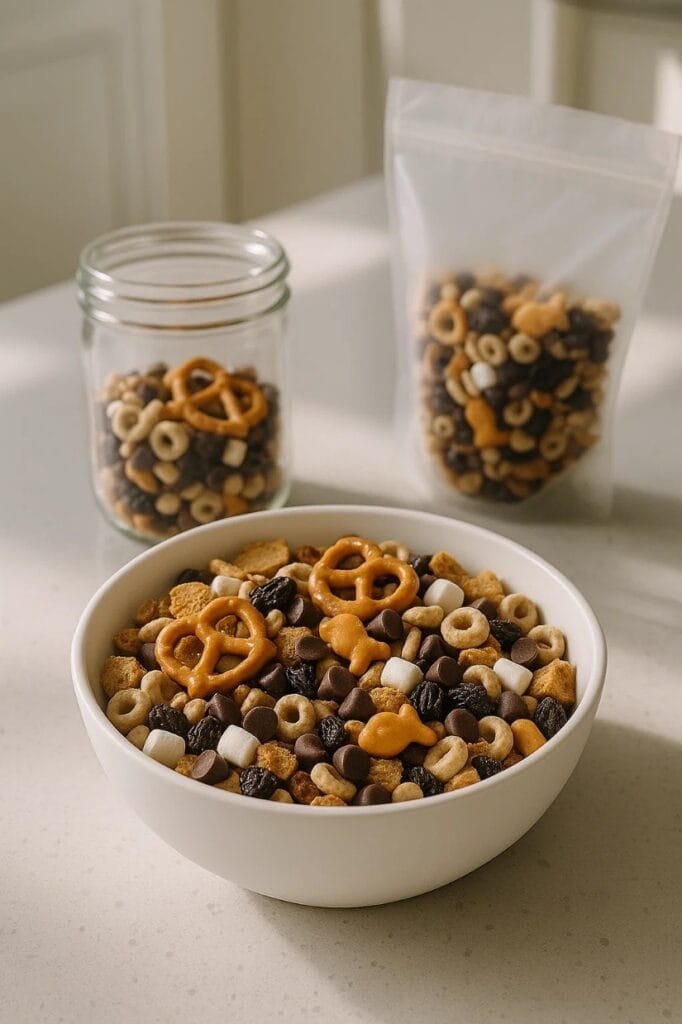 A bowl of cereal and pretzels beside a bag of DIY trail mix, showcasing a healthy snack combination.