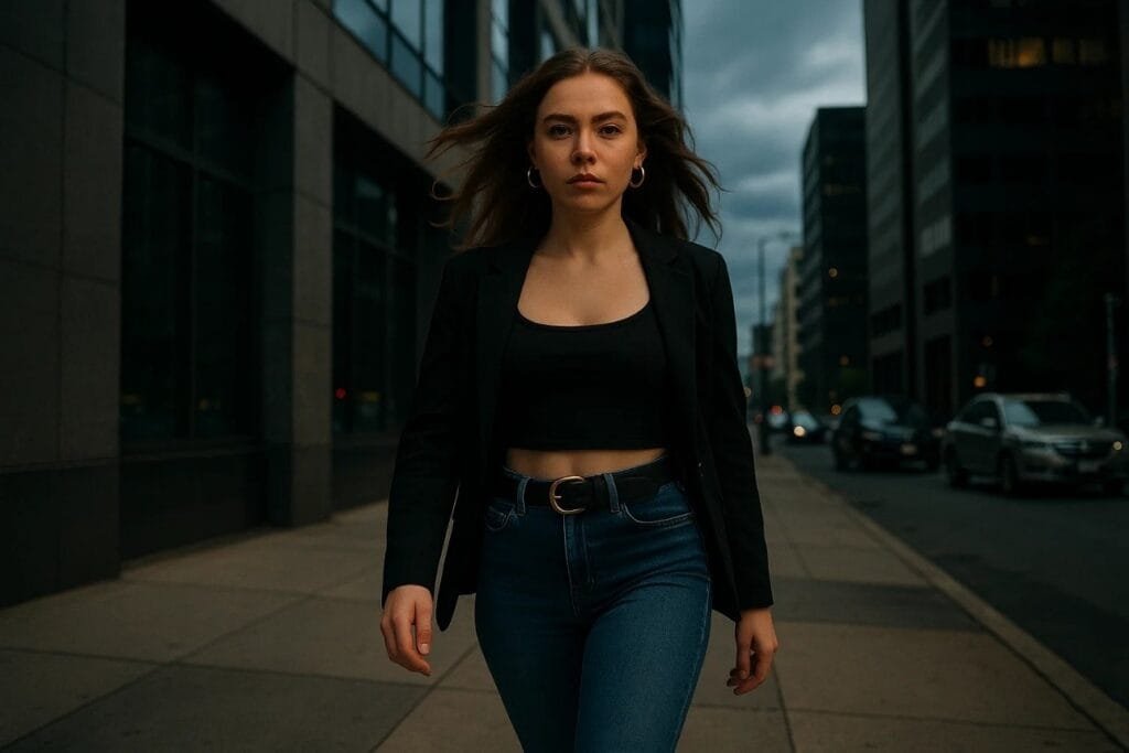 A woman in a black top and jeans walks through a city street, exuding confidence and a fashionable vibe.