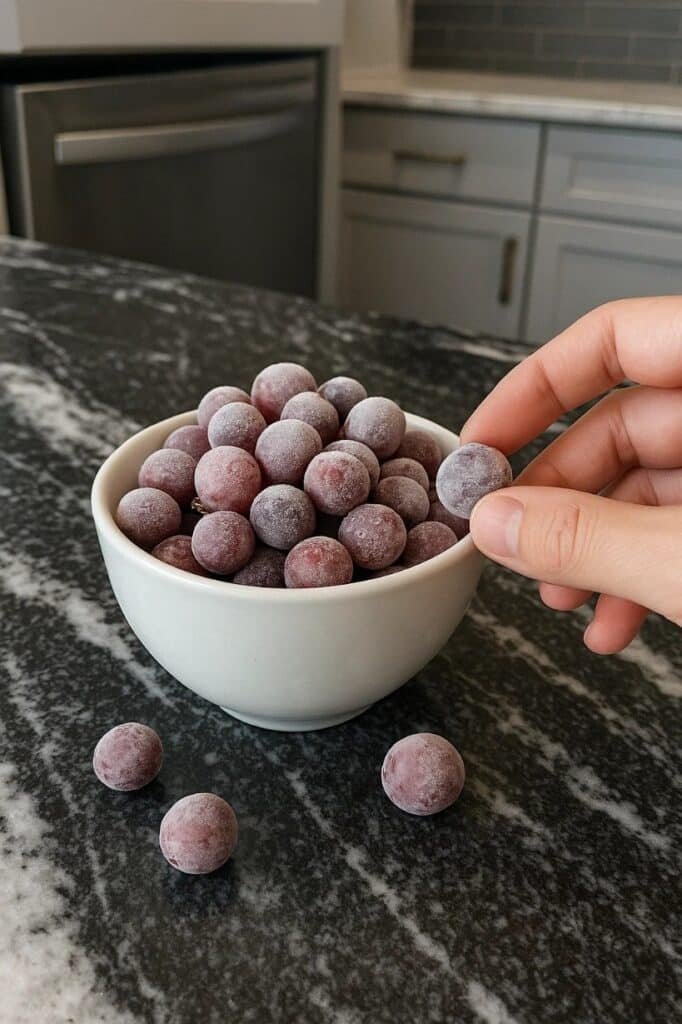 A person holds a bowl of grapes on a kitchen counter, showcasing fresh fruit in a bright, inviting setting.