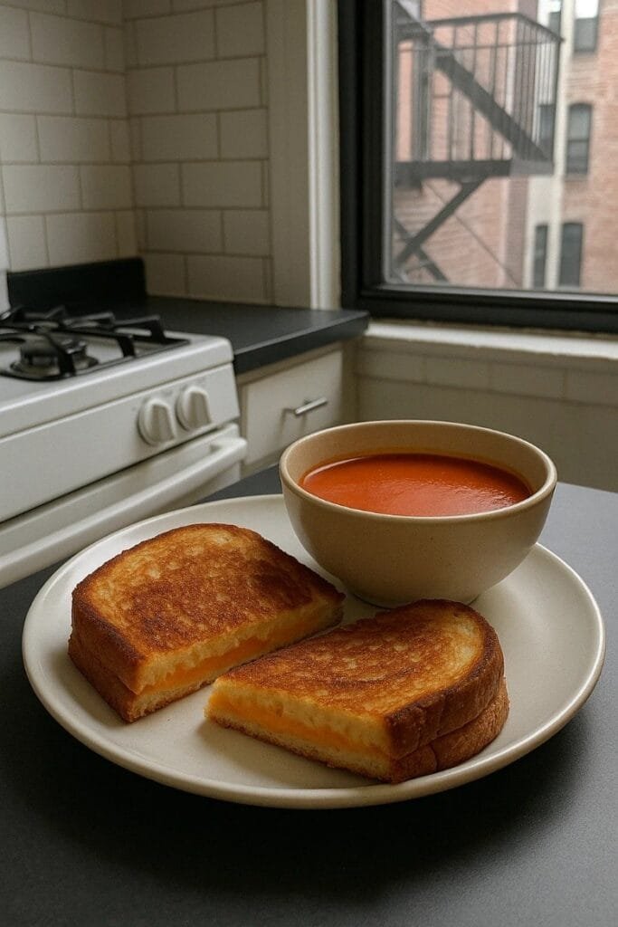 A plate featuring a grilled cheese sandwich alongside a bowl of tomato soup.