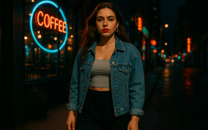 A woman in a denim jacket poses confidently in front of a coffee shop, embodying a stylish baddie look.