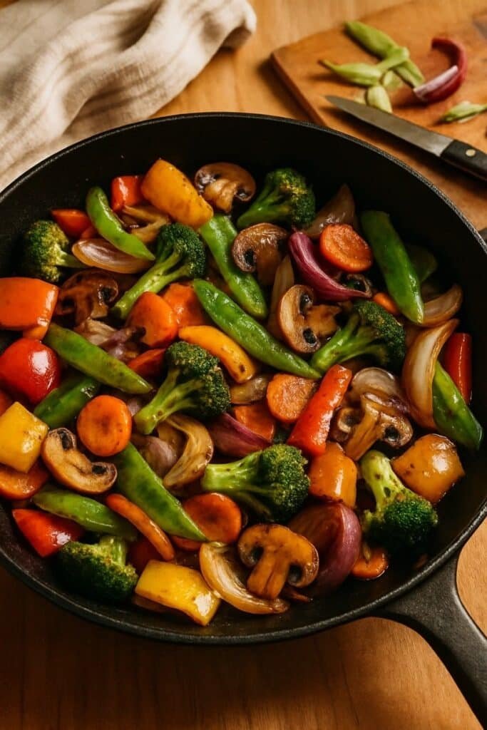 A skillet filled with colorful vegetables and mushrooms, showcasing a delicious leftover stir fry.