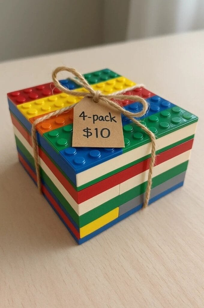 A set of four colorful Lego blocks labeled as coasters, with a price tag reading $10 attached.