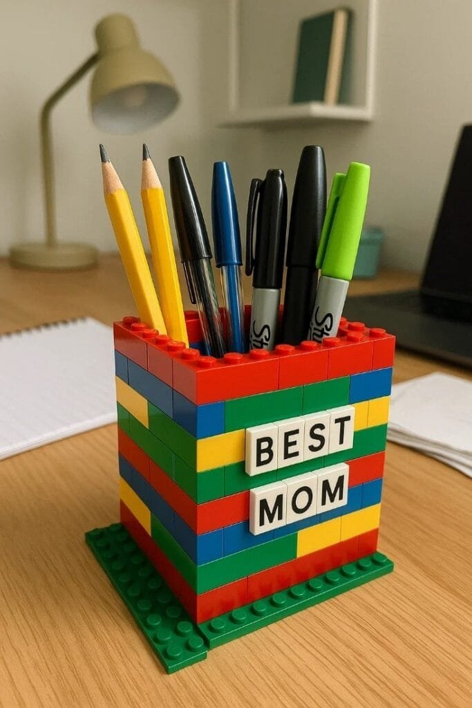 Colorful Lego pen holder labeled "Best Mom," designed for organizing pens and pencils on a desk.