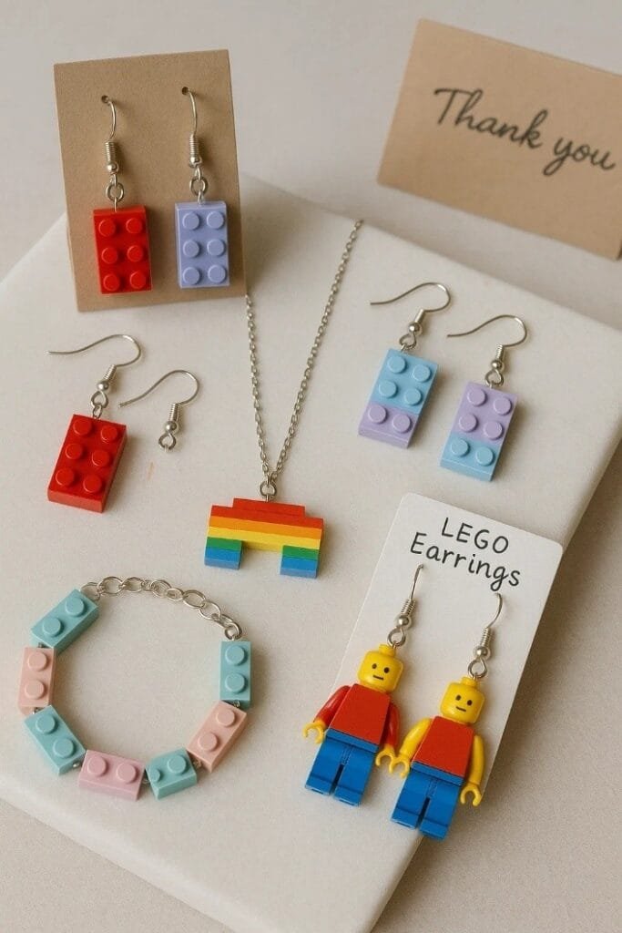 A collection of Lego jewelry including a vibrant necklace, matching earrings, and a stylish bracelet, perfect for fun accessorizing.
