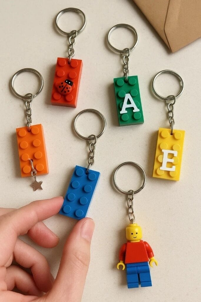 A person holds a colorful keychain made of various Lego blocks, showcasing creativity and playfulness.
