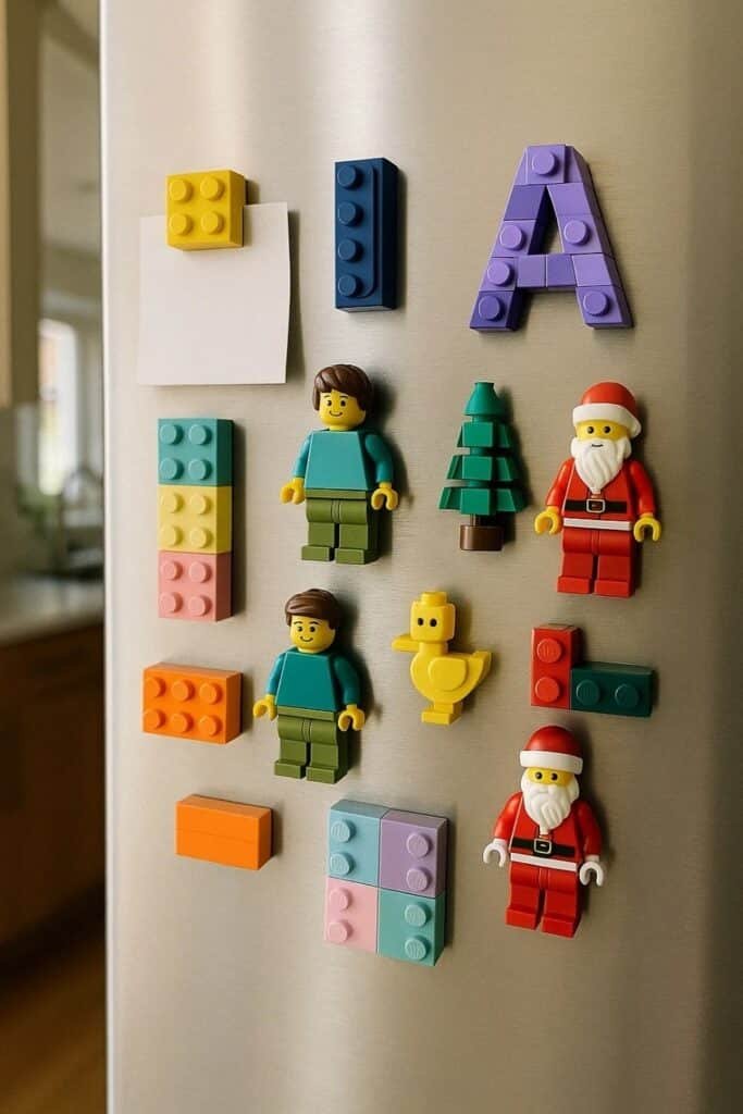 A refrigerator decorated with Lego figures as magnets, showcasing a playful and creative display.