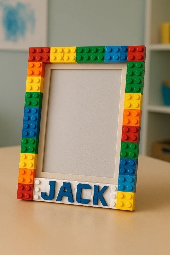 A colorful Lego picture frame featuring the name "Jack" prominently displayed on the front.