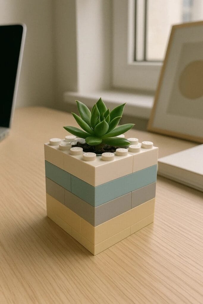 A small Lego planter with a green plant sits on a desk, showcasing a creative and playful decor element.