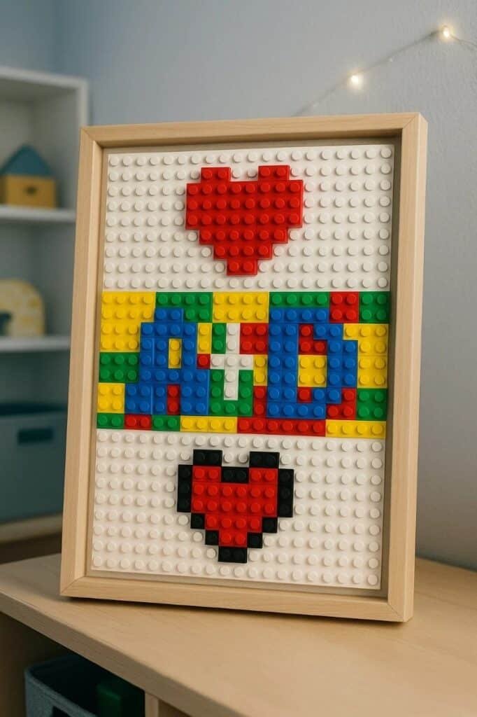 A colorful Lego heart with the word "love" displayed on a wooden frame, showcasing creative wall art.