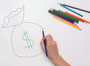 A hand holding a pencil, sketching a dollar sign on a whiteboard, symbolizing money or finance.