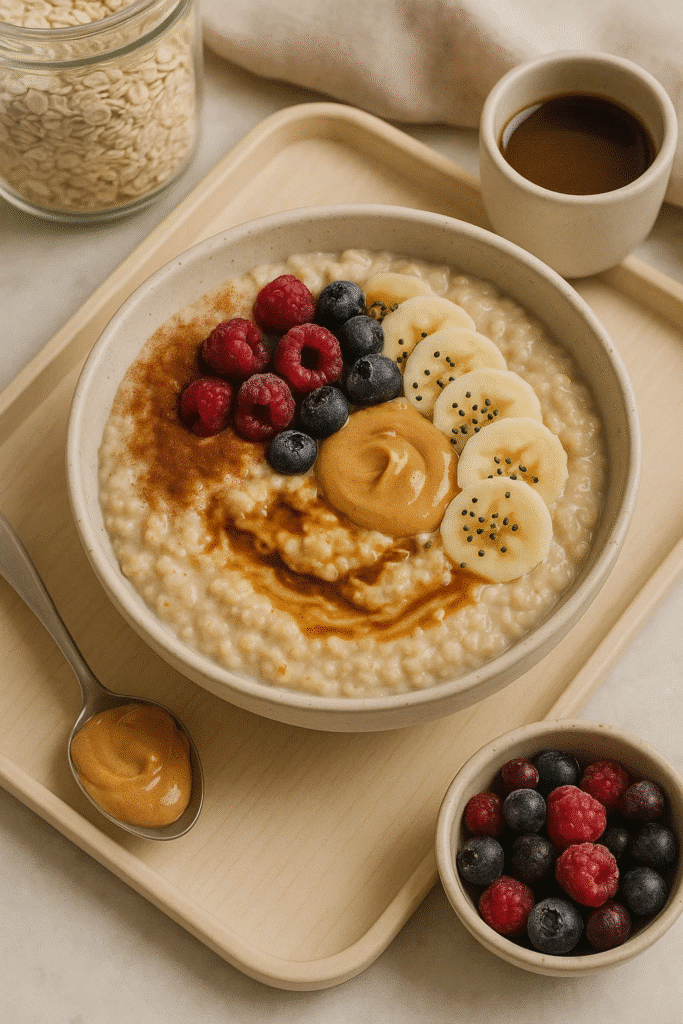 A bowl of peanut butter oatmeal topped with fresh berries and a dollop of peanut butter.