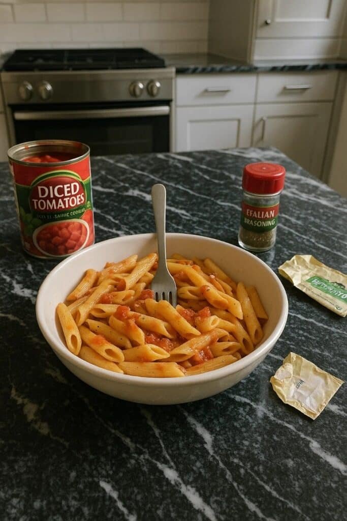 A bowl of pasta with a spoon rests on a kitchen counter, showcasing a simple meal preparation scene.