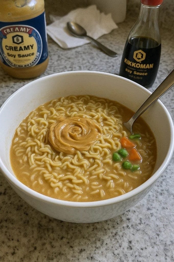 A bowl of peanut butter ramen topped with vibrant vegetables, designed to encourage children to enjoy their greens.