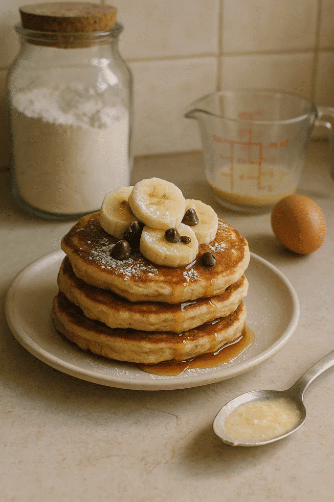 A stack of fluffy pancakes topped with sliced bananas and chocolate chips, served on a white plate.