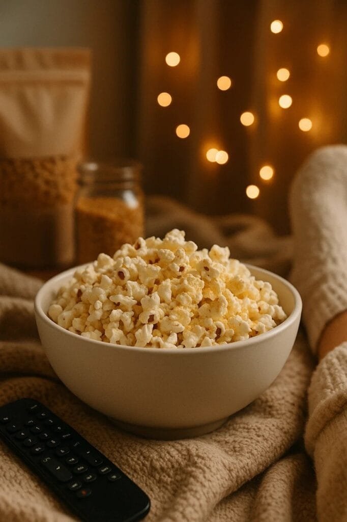 A bowl of popcorn and a remote control resting on a cozy blanket, ready for a movie night.