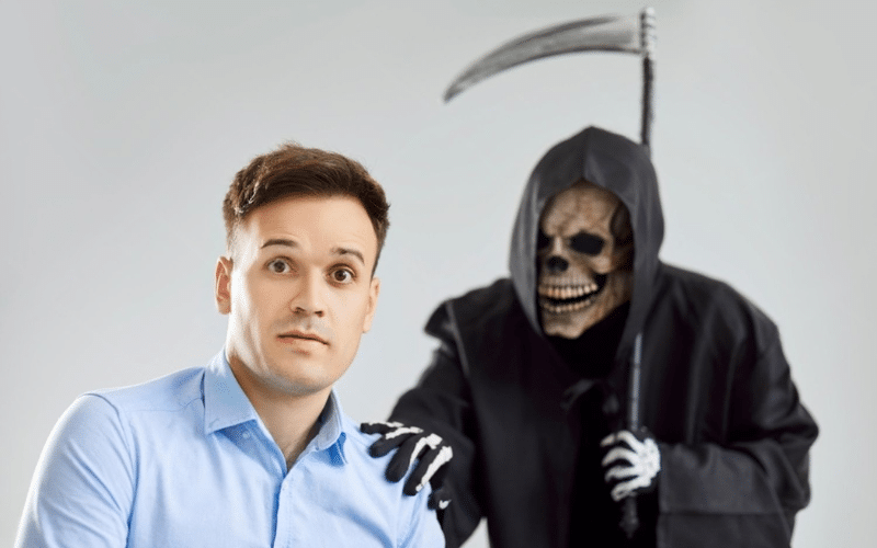 A man sits contemplatively before a grim reaper figure, symbolizing Regrets of the Dying.