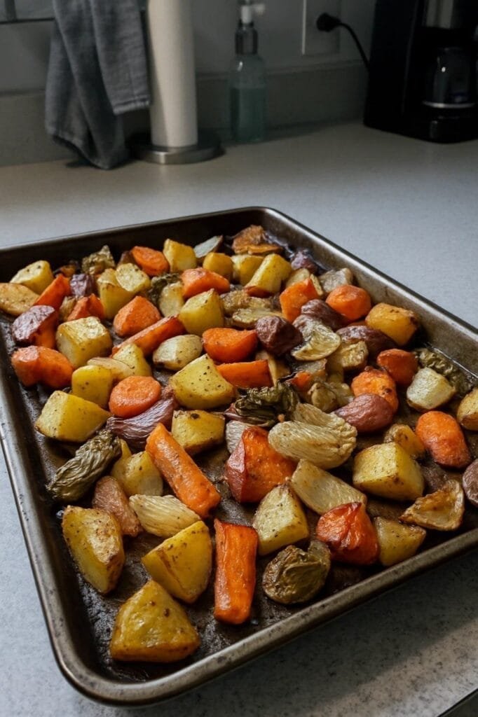 A sheet pan filled with assorted roasted vegetables displayed on a countertop.