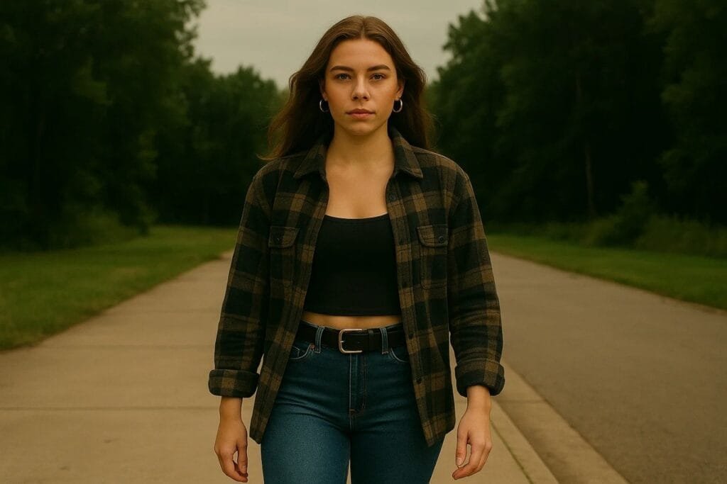 A woman dressed in a plaid shirt and jeans strolling down a rural road lined with trees.