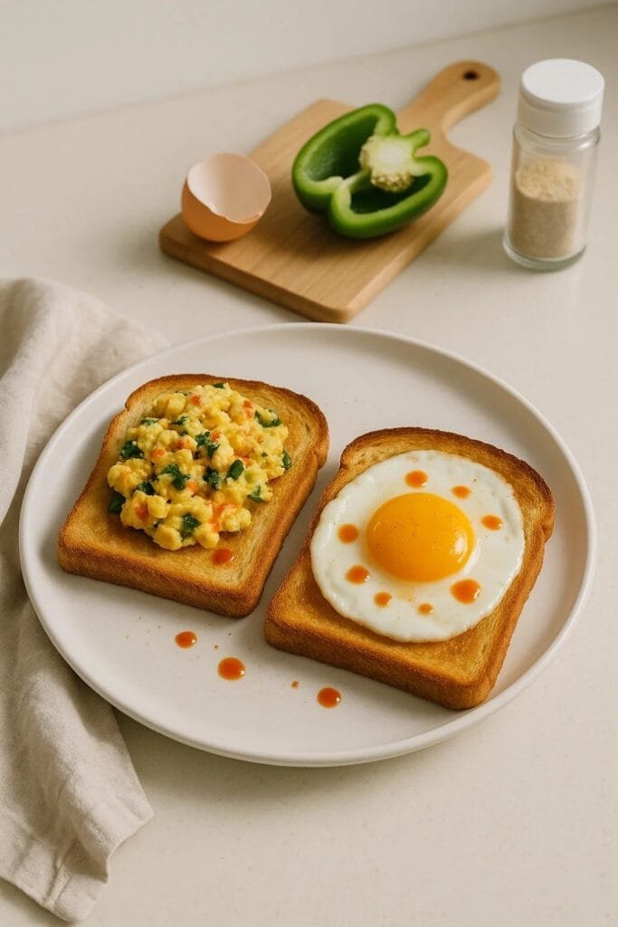 A plate of eggs on toast topped with sautéed peppers and onions, garnished for a colorful breakfast presentation.