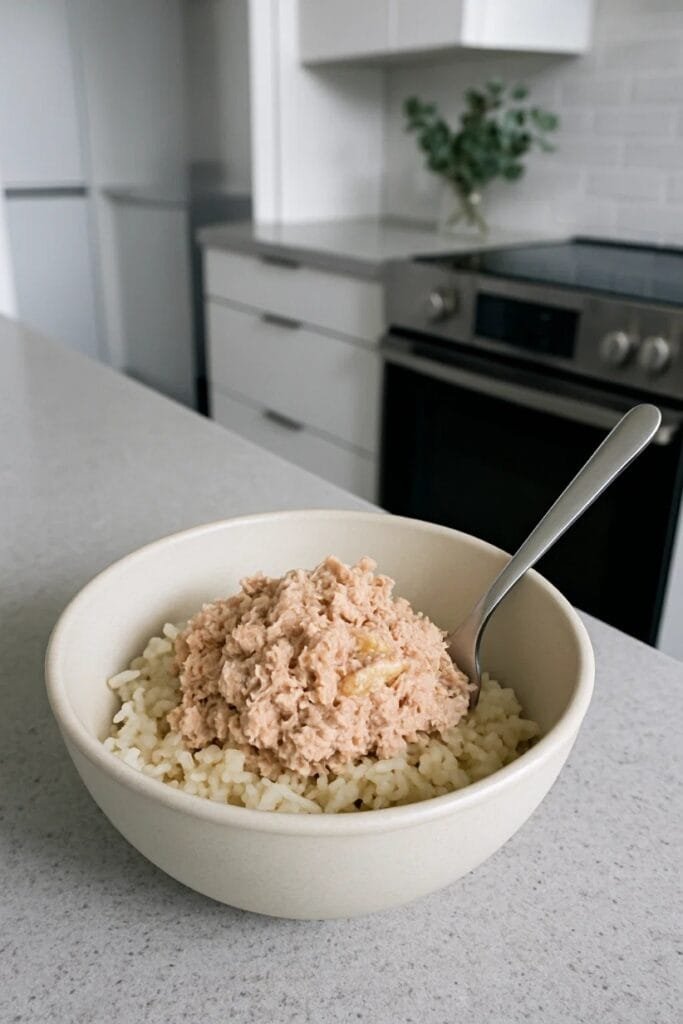 A bowl of tuna and rice sits on a kitchen counter, showcasing a simple and nutritious meal.