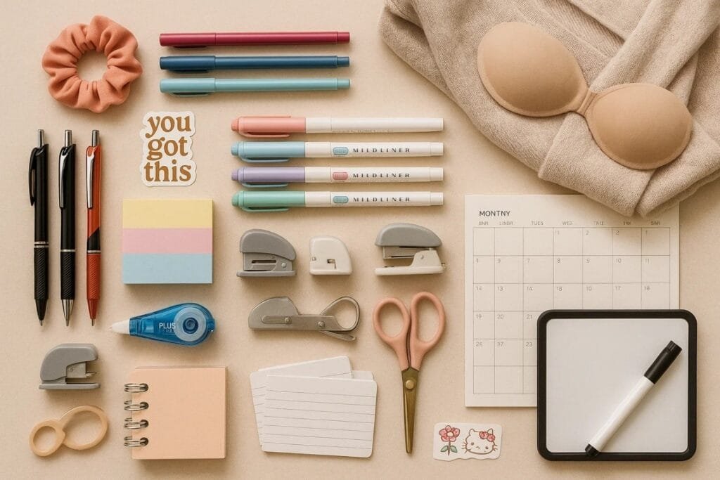 A variety of office supplies, including pens, paper clips, and sticky notes, arranged neatly on a table surface.