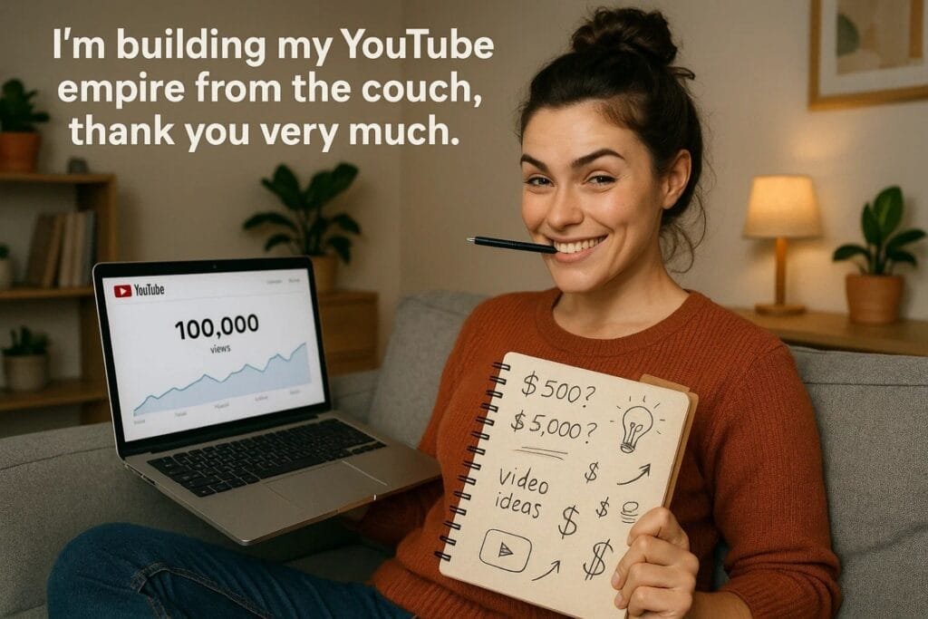A woman sits on a couch holding a laptop displaying "I'm building my YouTube empire, thank you very much."