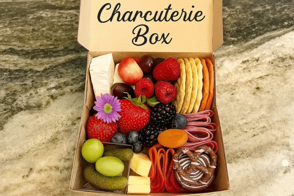 A charcuterie box featuring an assortment of fruits and cheeses arranged attractively.