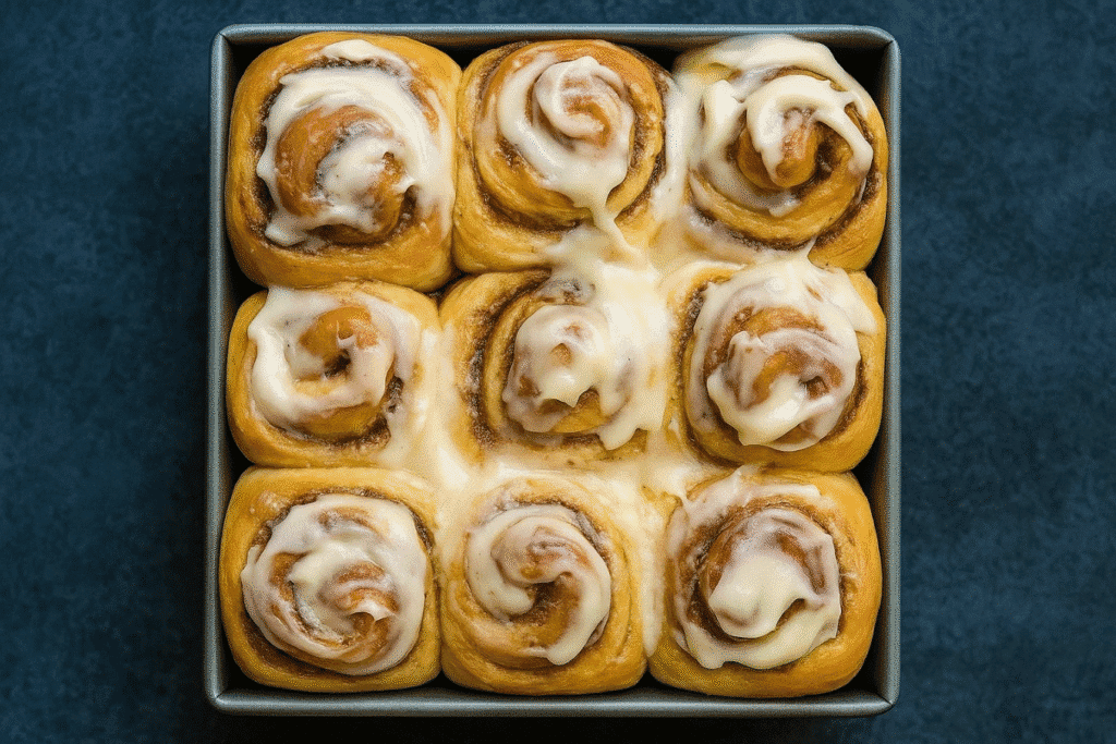 Freshly baked cinnamon rolls in a baking pan, set against a vibrant blue background.