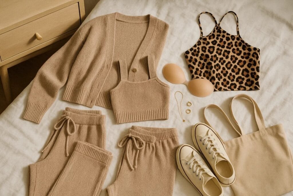 A woman's outfit featuring cute clothes and sticky bras, neatly arranged on a bed.