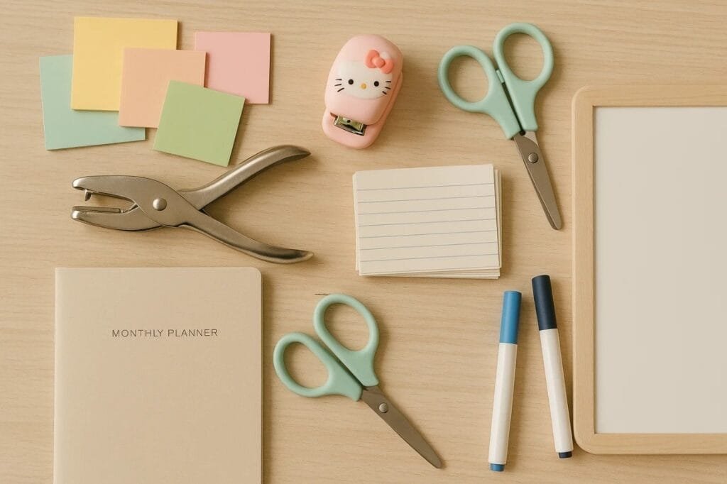 A desk featuring a notebook, scissors, and various office supplies, with flashcards and whiteboards in the background.