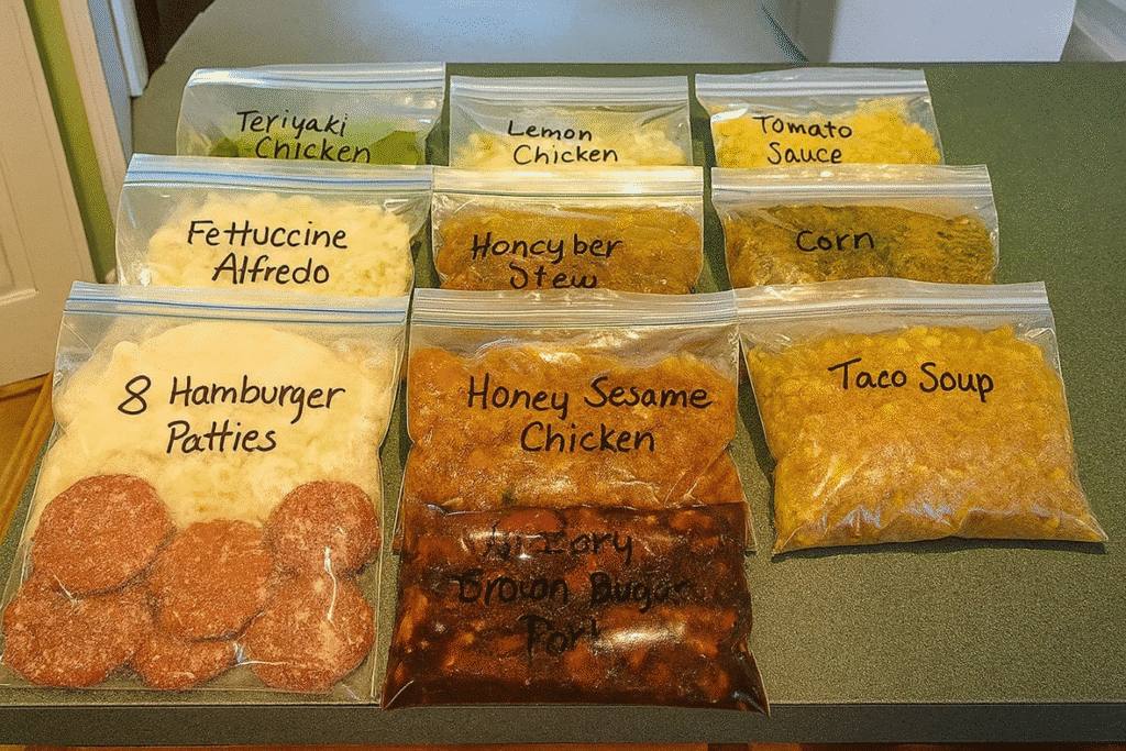 A variety of freezer meals in bags arranged neatly on a kitchen counter.