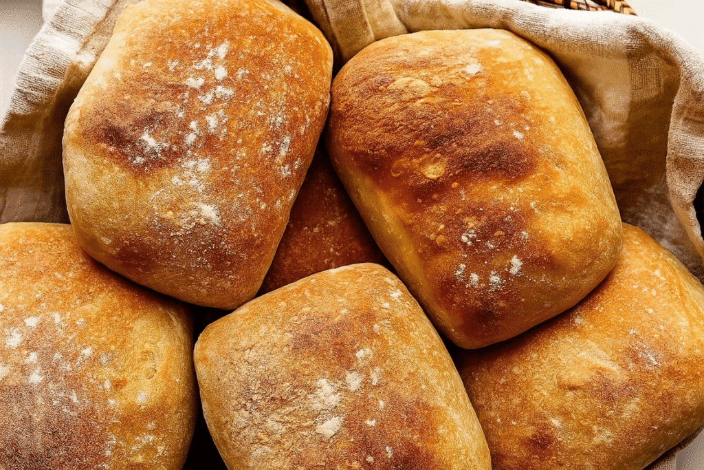 Freshly baked sourdough bread in a woven basket on a white table, showcasing its golden crust and soft interior.