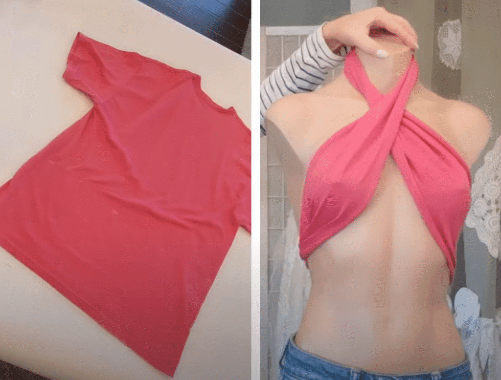Step-by-step guide on transforming an oversized tee into a chic halter top through a simple thrift flip process.