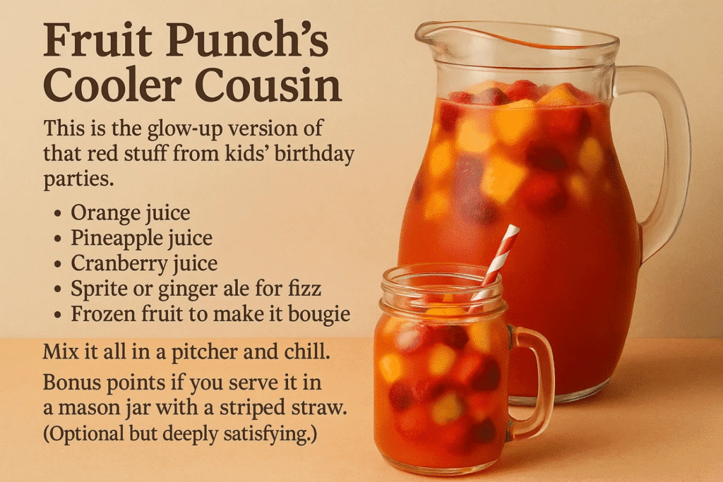 A vibrant drink labeled 'Fruit Punch’s Cooler Cousin' in a colorful cup, surrounded by fresh fruit slices.
