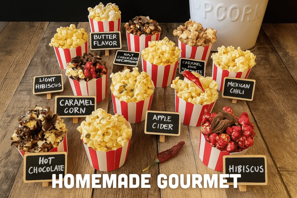 A bowl of homemade gourmet popcorn, featuring a variety of flavors and toppings, displayed attractively.