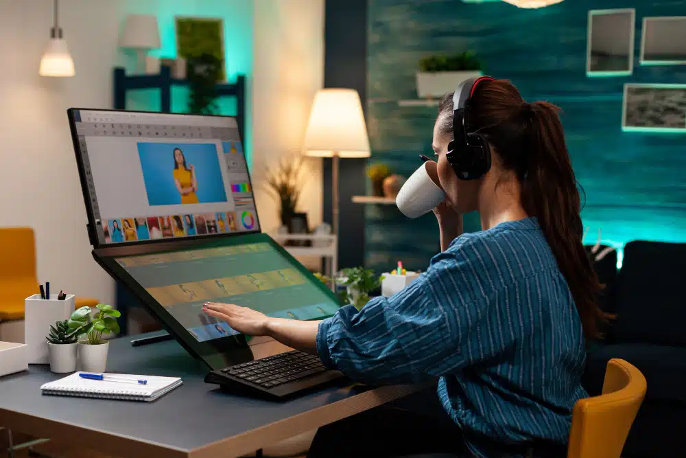 A woman sitting at a desk with a laptop, absorbed in her work, surrounded by office furniture and equipment.