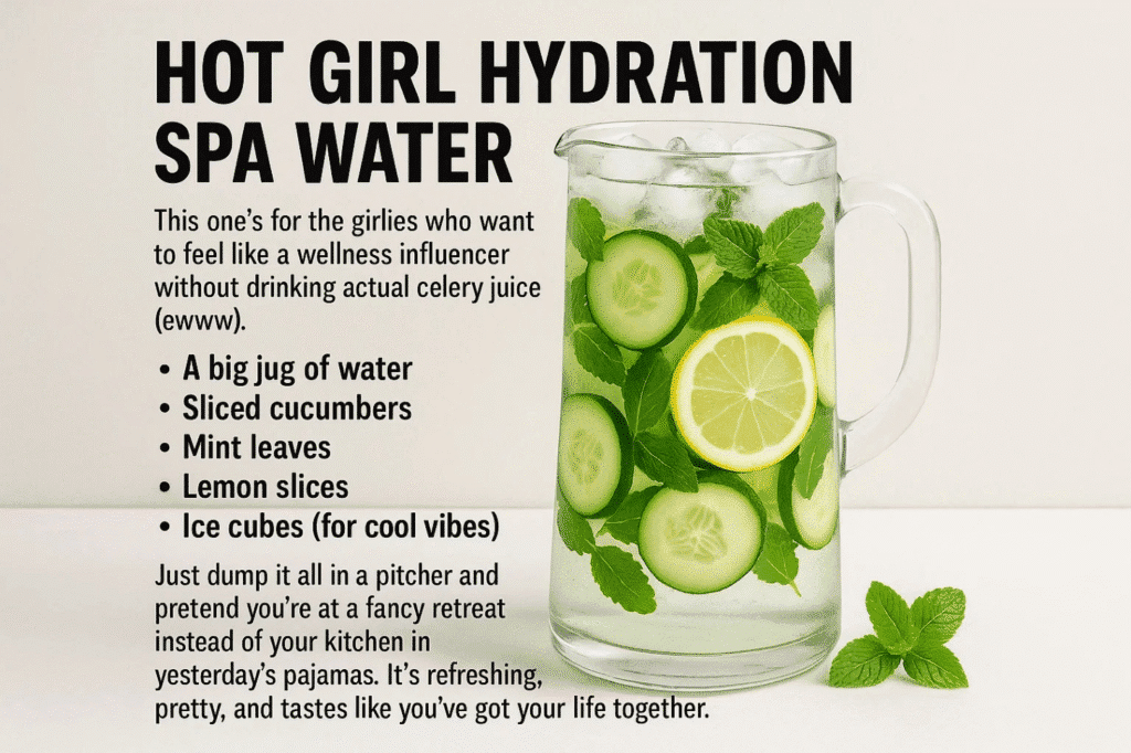 A glass of spa water infused with cucumber and lemon slices, labeled as "Hot Girl Hydration Spa Water".