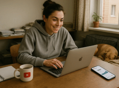A woman sits at a table with a laptop, accompanied by a dog, contemplating potential earnings from YouTube.