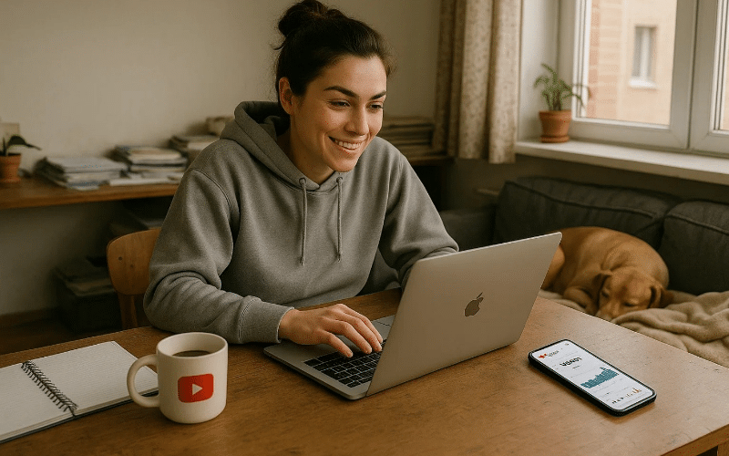 A woman sits at a table with a laptop, accompanied by a dog, contemplating potential earnings from YouTube.