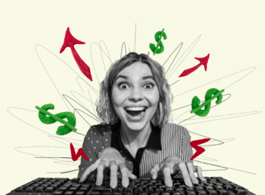 A smiling woman types on a keyboard, suggesting tips for making $600 quickly online and offline.