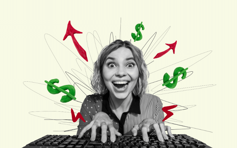 A smiling woman types on a keyboard, suggesting tips for making $600 quickly online and offline.