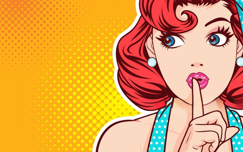 Pop art illustration of a woman with her finger on her lips, symbolizing silence and contemplation about quiet job options.