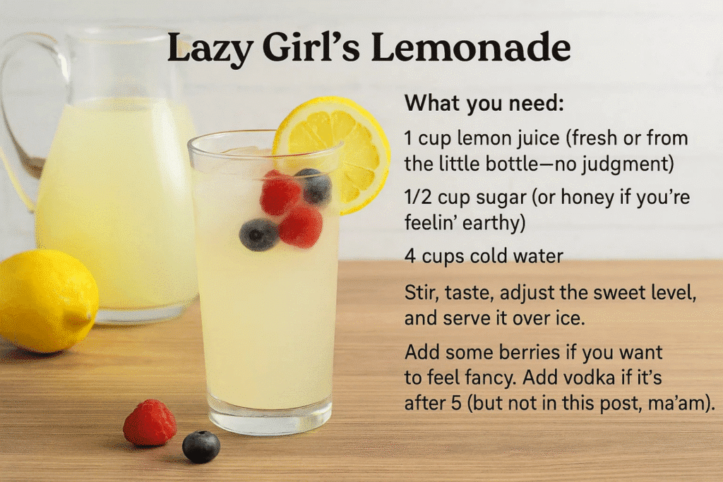 A refreshing glass of Lazy Girl's Lemonade garnished with a lemon slice and mint leaves, set against a sunny background.