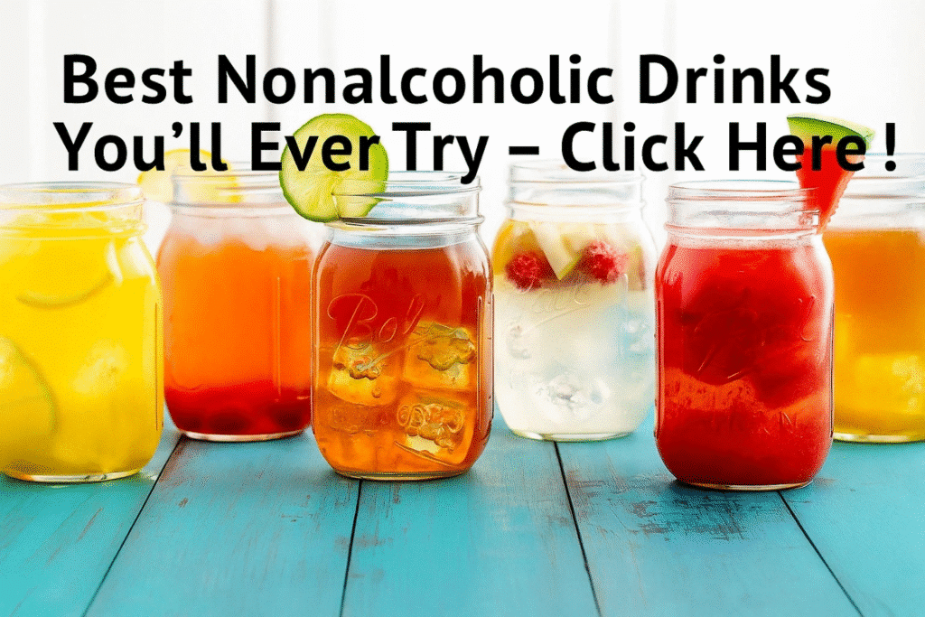 A colorful display of nonalcoholic drinks, featuring a refreshing Lemonade-with-a-Twist among other options.