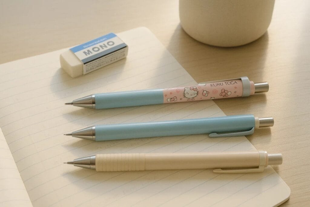 A notebook, a mechanical pencil, and a regular pencil placed on a wooden table.