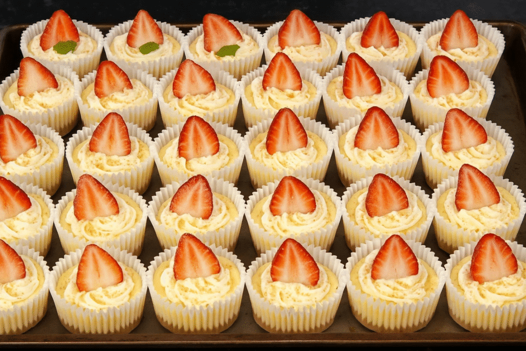 A tray of mini cheesecakes topped with fresh strawberries, arranged neatly for display.