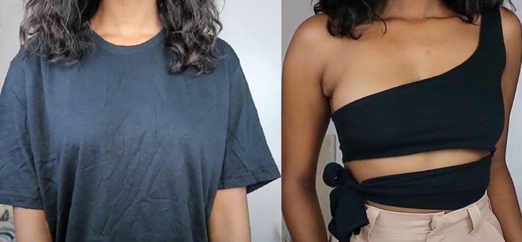 Two images of a woman in a black top and skirt, showcasing a stylish oversized tee and a one-shoulder wrap top makeover.