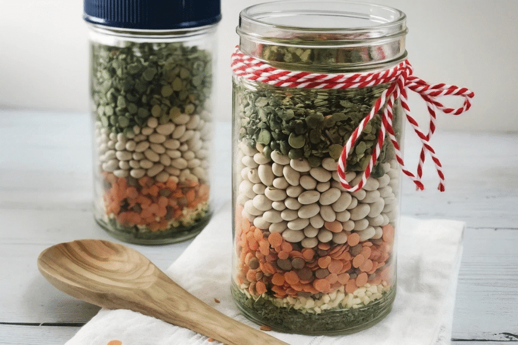 Two jars filled with colorful vegetables and beans, labeled as soup jars, showcasing fresh ingredients for soup preparation.